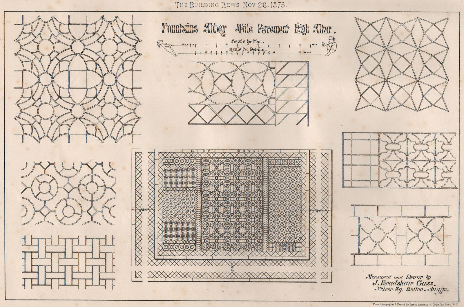 Fountains Abbey - tile, pavement, high altar; drawn by J. Bradshaw Gass 1875